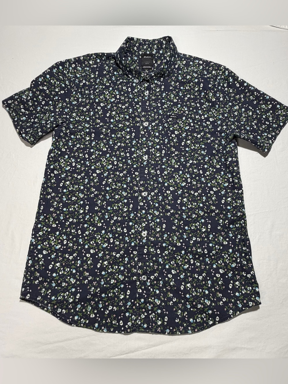 RVCA Navy Floral Button-Down Shirt with Green & White Accents